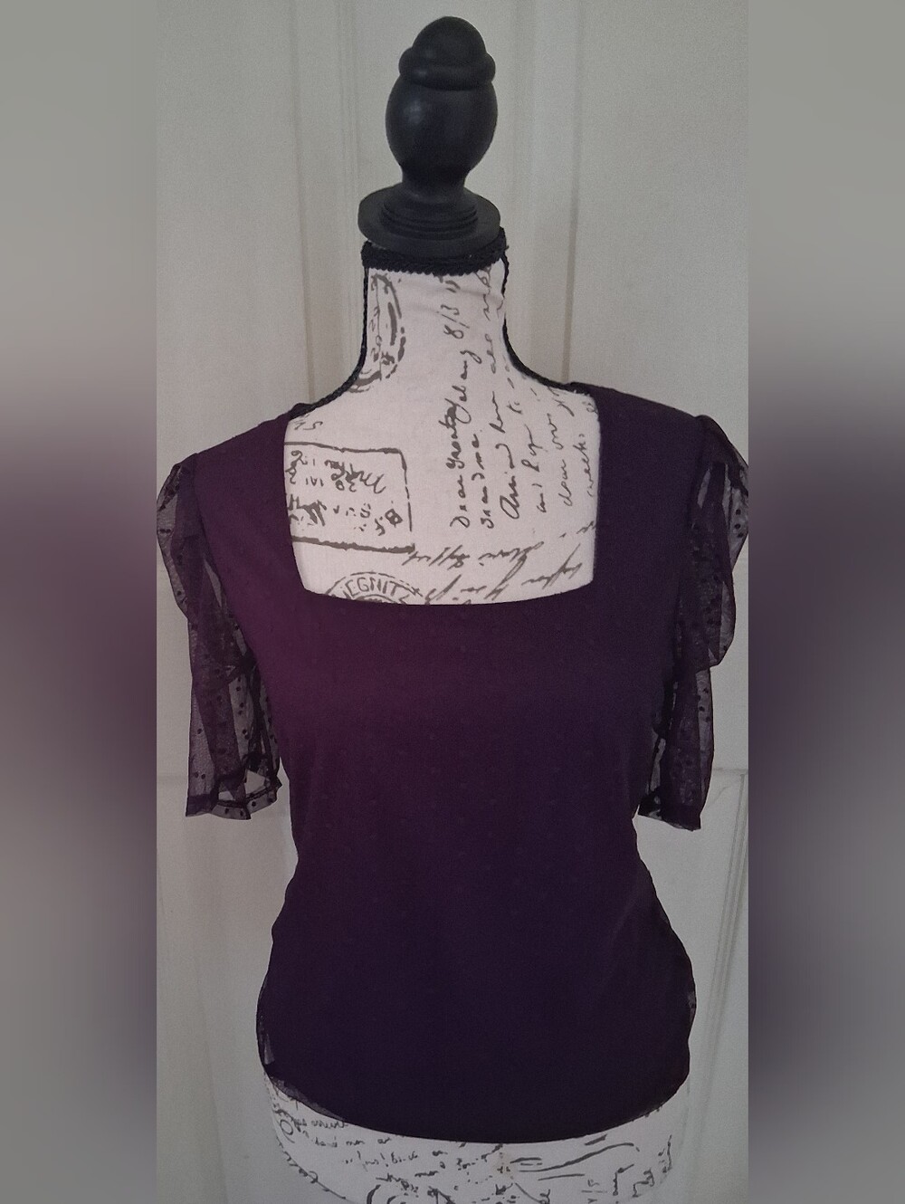 Scobe Whimsigoth Elegant Plum Square-Neck Women’s Top with Sheer Dot Sleeves